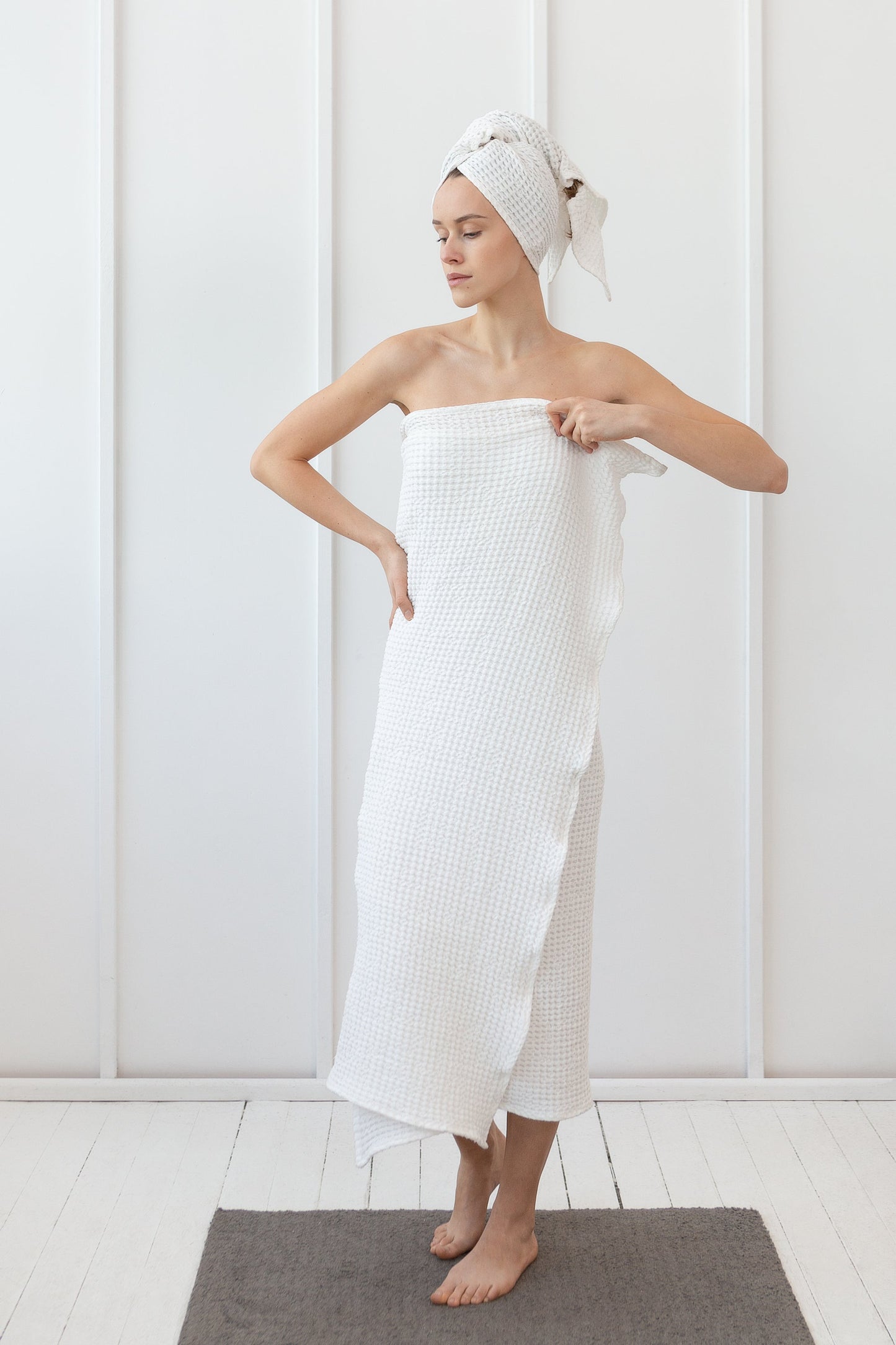 Set of linen waffle robes with towels