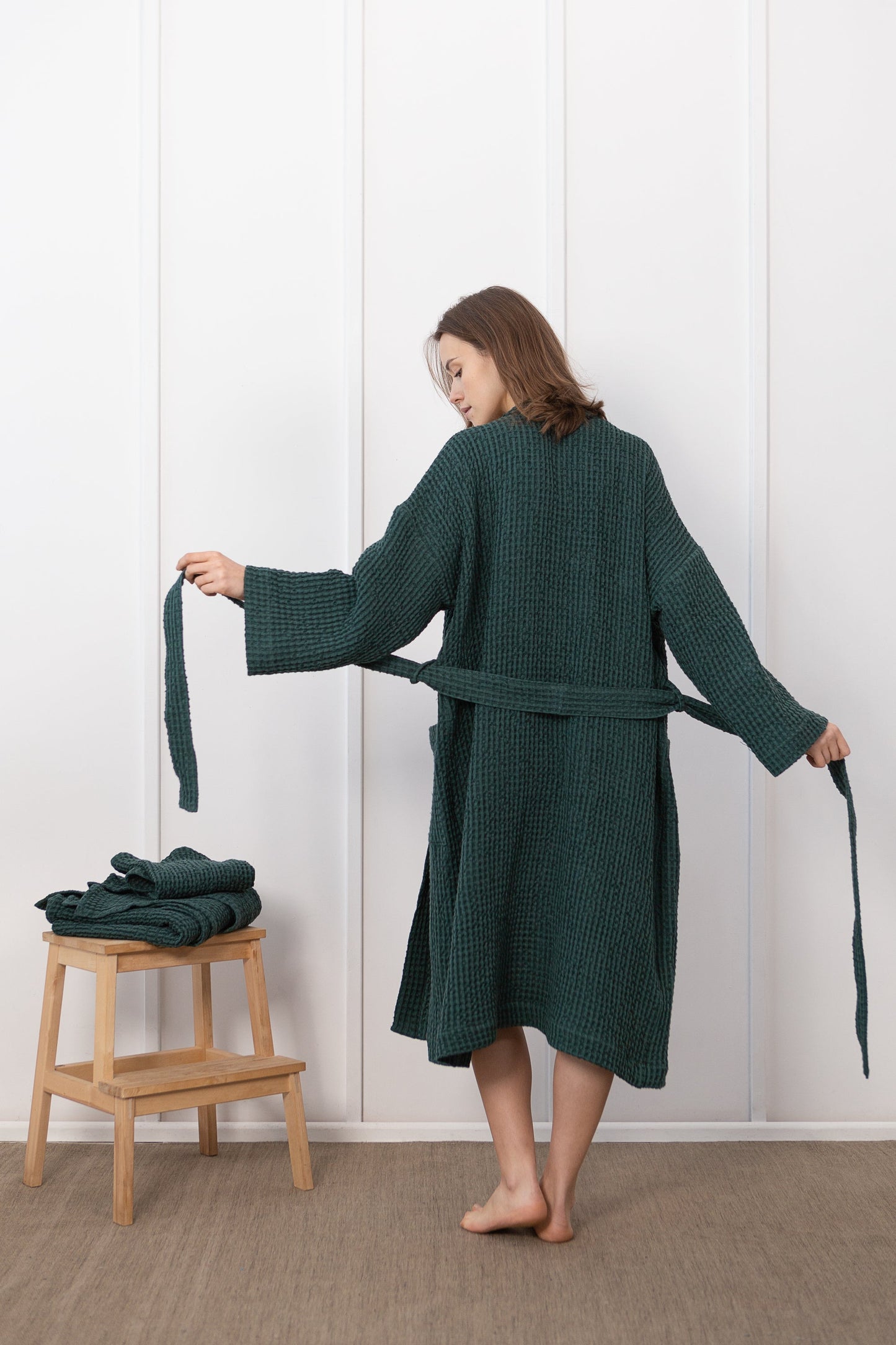 Set of linen waffle robes with towels