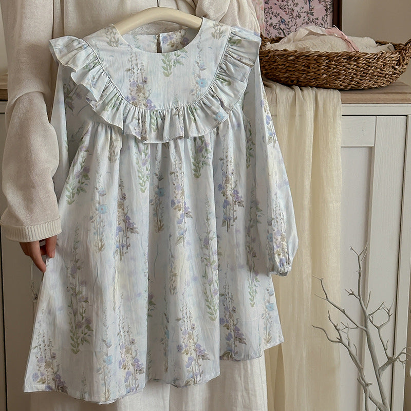 Spring and Autumn Flowers Print Crew Neck Long-sleeved Dress for